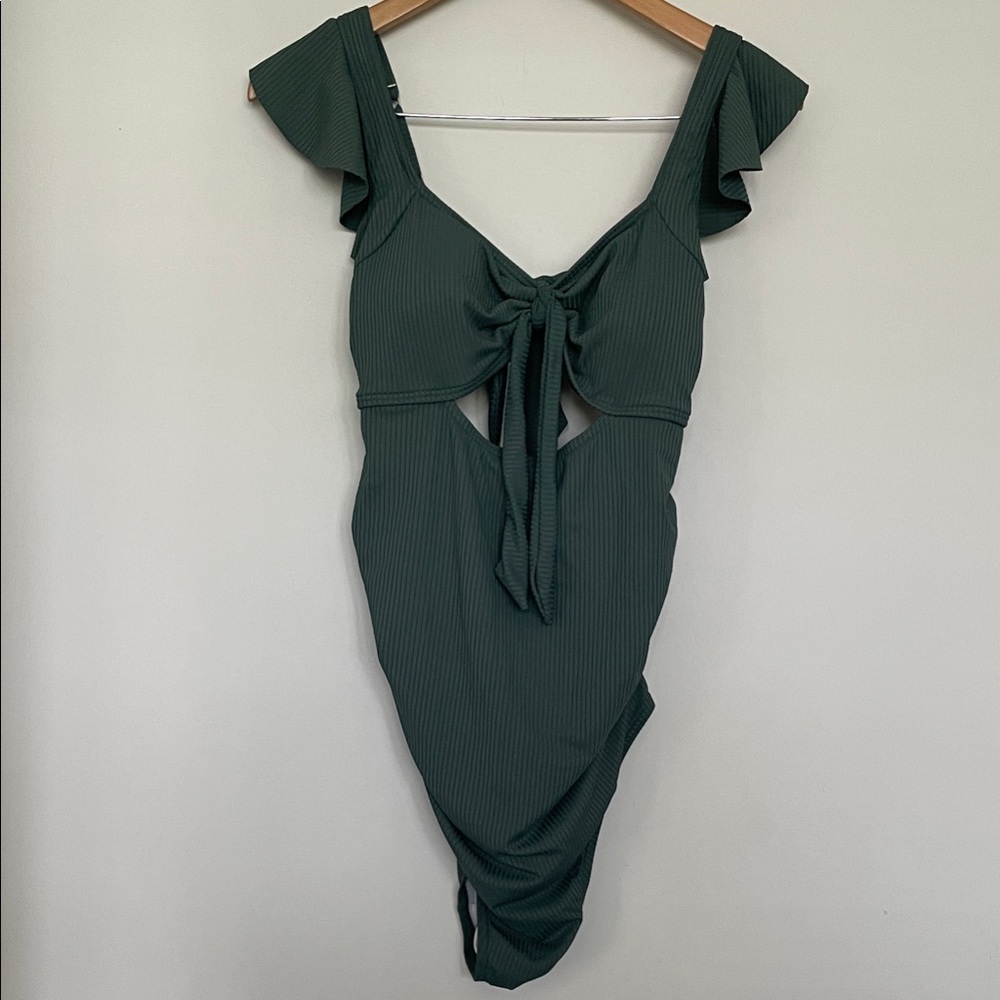 Charmo Green Ribbed Tie-Front Green Cutout Swimsuit Sz L NWT
